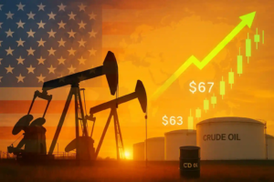 Oil pump jacks at sunrise with US flag overlay, storage tanks, and a green candlestick chart showing WTI at $63 and Brent at $67.