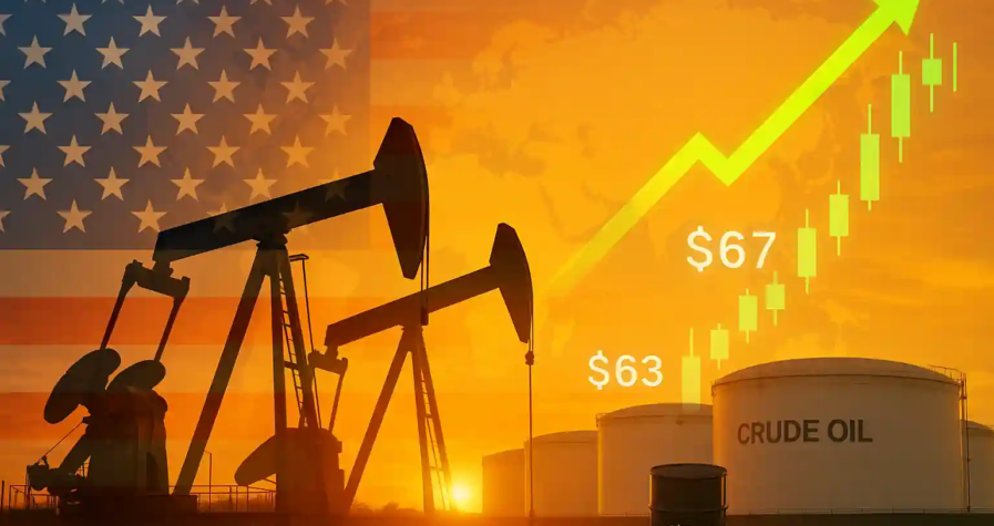 Oil pump jacks at sunrise with US flag overlay, storage tanks, and a green candlestick chart showing WTI at $63 and Brent at $67.