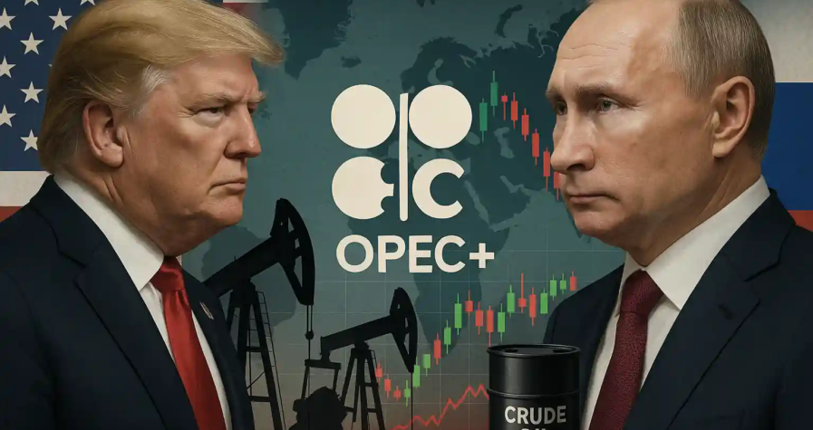 Donald Trump and Vladimir Putin facing each other with US and Russian flags, oil pump jacks, OPEC+ logo, and crude oil barrel against a world map and market chart.