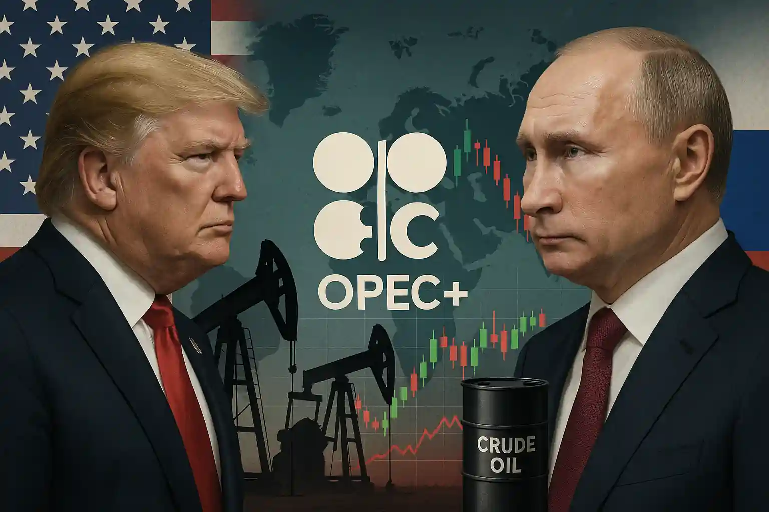 Donald Trump and Vladimir Putin facing each other with US and Russian flags, oil pump jacks, OPEC+ logo, and crude oil barrel against a world map and market chart.