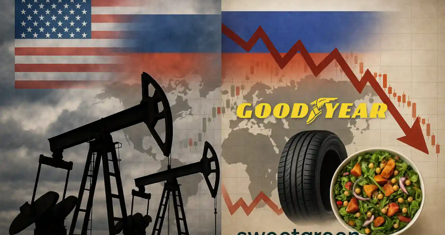 Oil pump jacks with US and Russian flags beside a falling stock chart showing Goodyear tire and Sweetgreen salad, symbolizing market volatility.