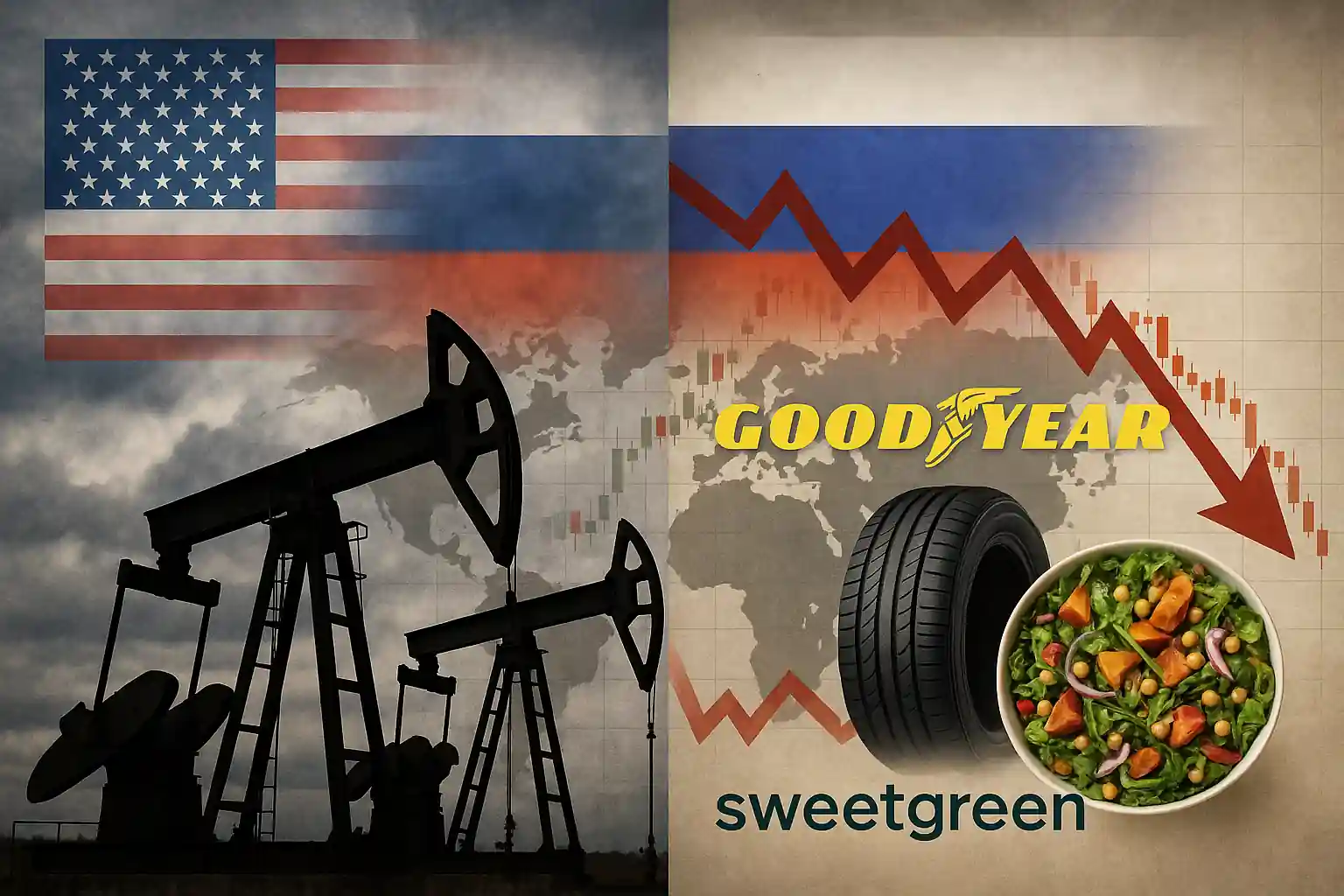 Oil pump jacks with US and Russian flags beside a falling stock chart showing Goodyear tire and Sweetgreen salad, symbolizing market volatility.
