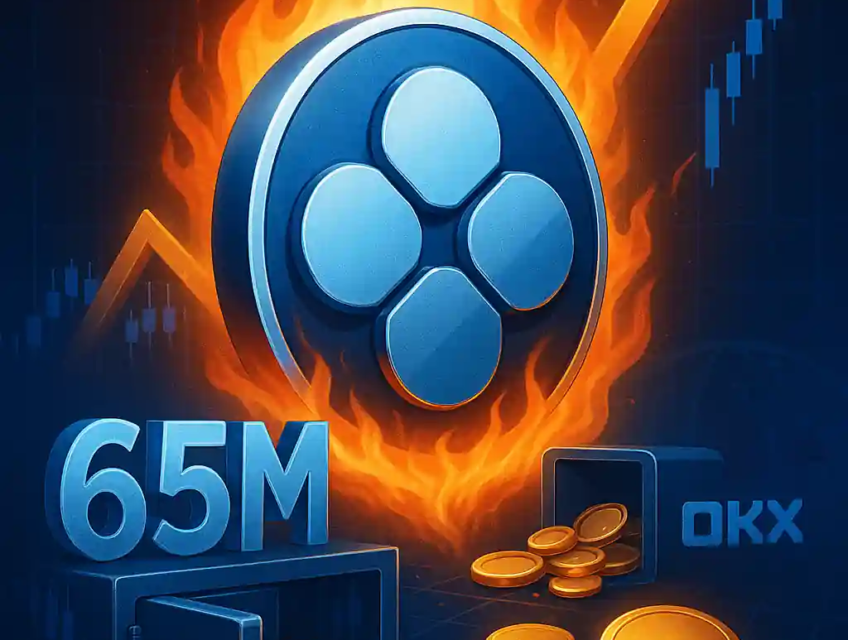 Illustration du logo OKB entouré de flammes, avec la mention 65M, symbolisant le brûlage massif de jetons par OKX et la hausse du prix.