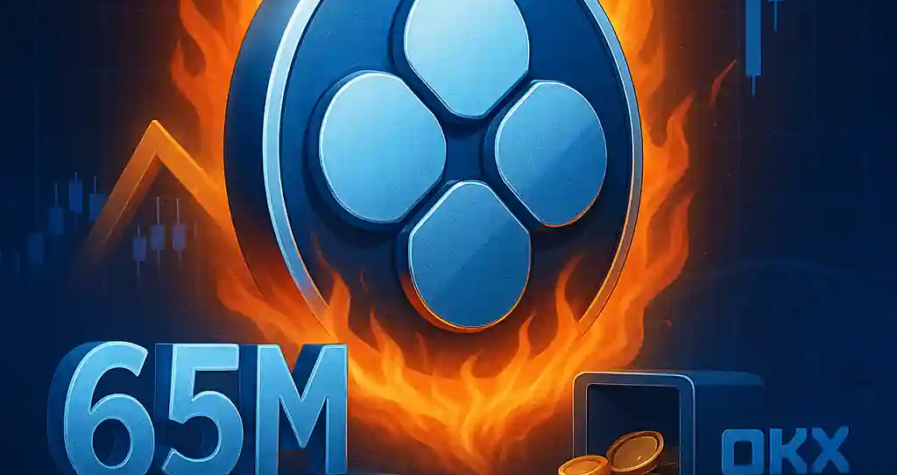 Illustration du logo OKB entouré de flammes, avec la mention 65M, symbolisant le brûlage massif de jetons par OKX et la hausse du prix.