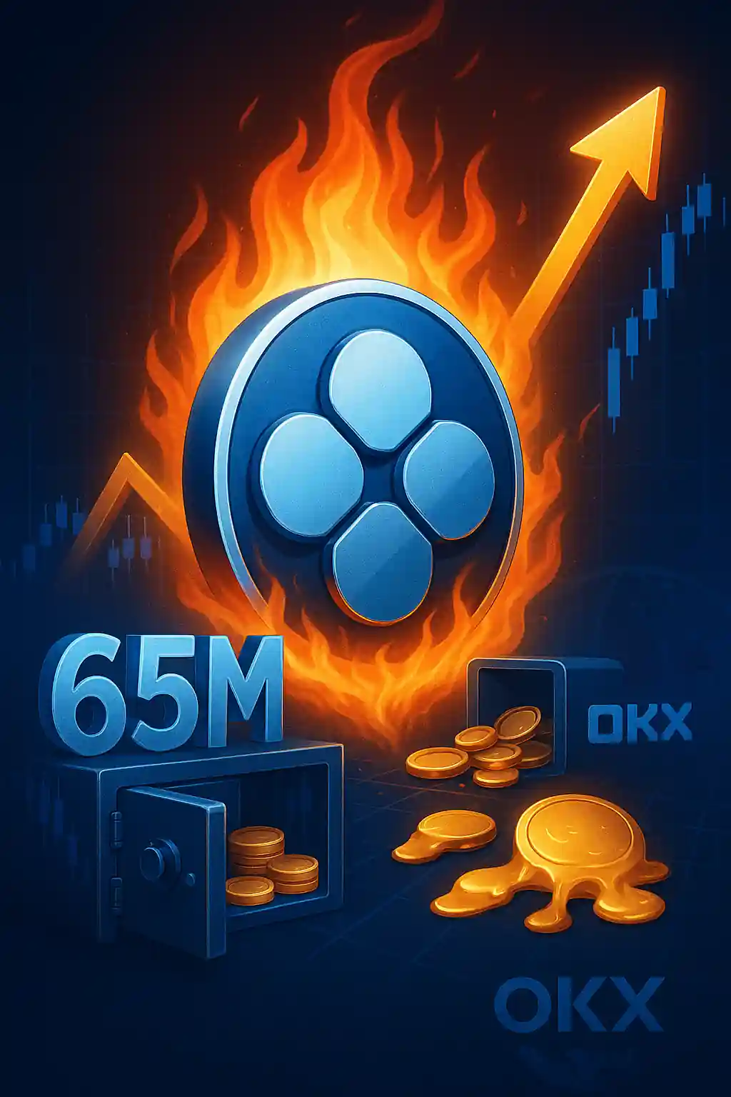 Illustration du logo OKB entouré de flammes, avec la mention 65M, symbolisant le brûlage massif de jetons par OKX et la hausse du prix.