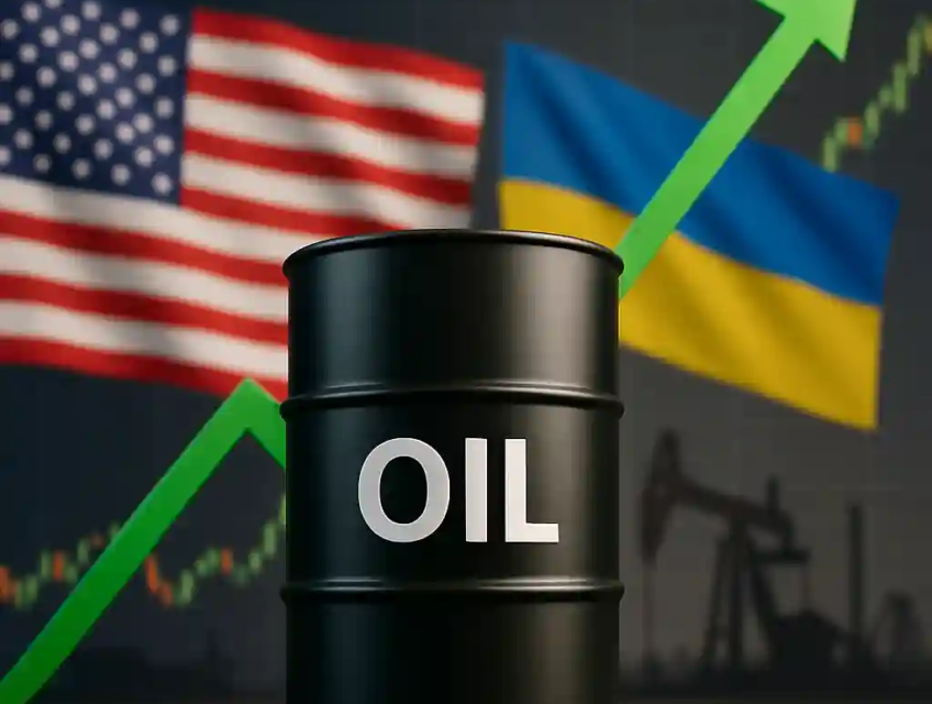 Baril de pétrole noir avec flèche verte ascendante, drapeaux américain et ukrainien en arrière-plan et graphiques boursiers