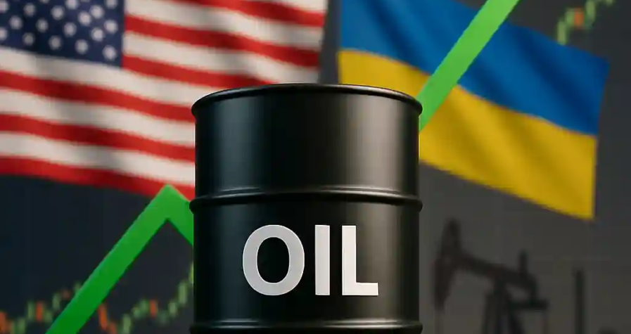 Baril de pétrole noir avec flèche verte ascendante, drapeaux américain et ukrainien en arrière-plan et graphiques boursiers