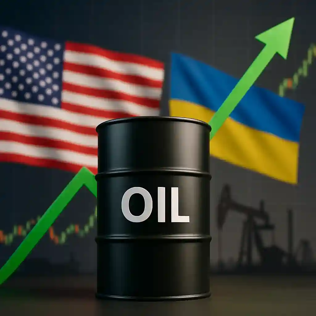 Baril de pétrole noir avec flèche verte ascendante, drapeaux américain et ukrainien en arrière-plan et graphiques boursiers