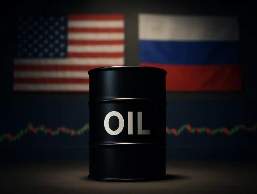 Baril de pétrole noir éclairé par un projecteur, devant les drapeaux américain et russe avec graphique en arrière-plan