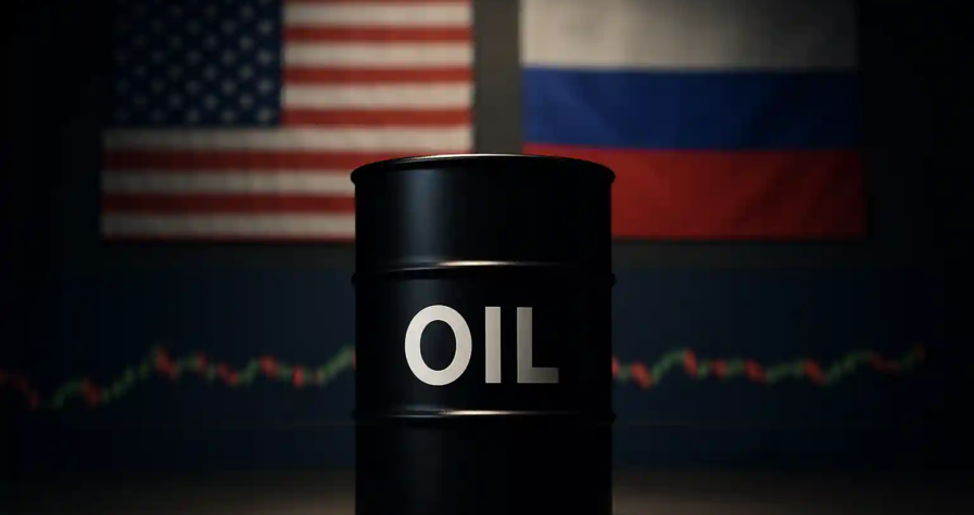 Baril de pétrole noir éclairé par un projecteur, devant les drapeaux américain et russe avec graphique en arrière-plan