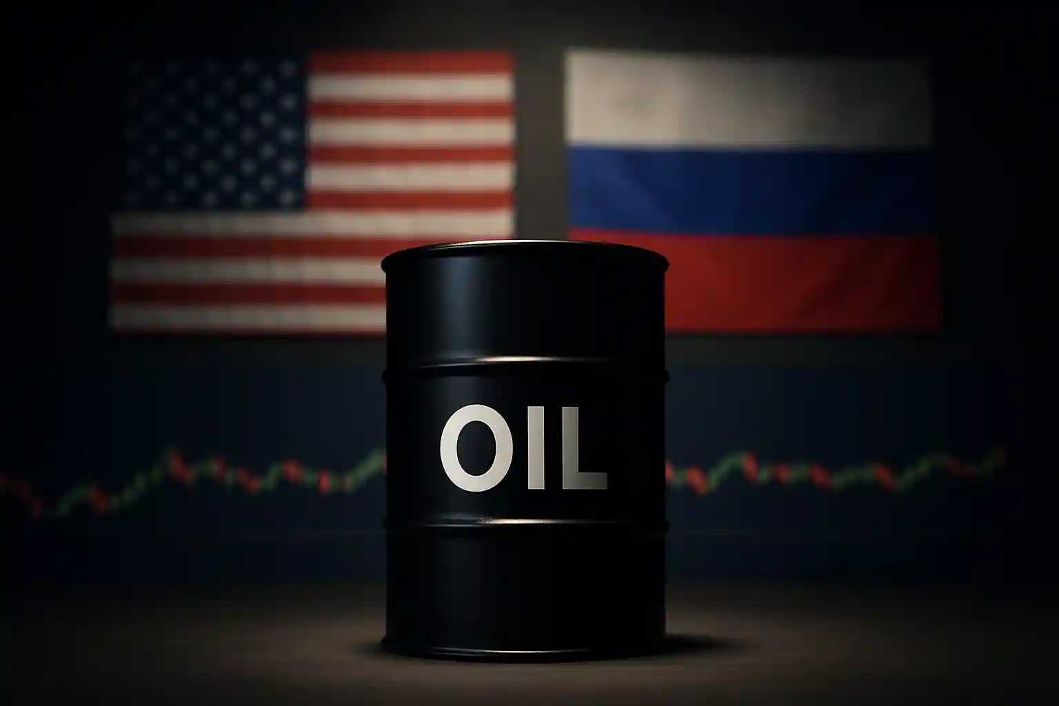Baril de pétrole noir éclairé par un projecteur, devant les drapeaux américain et russe avec graphique en arrière-plan