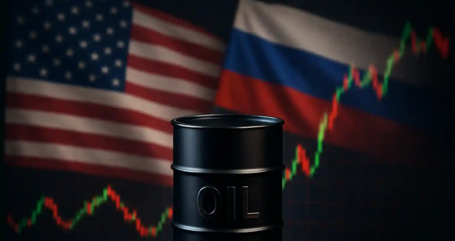Baril de pétrole noir devant les drapeaux des États-Unis et de la Russie avec un graphique boursier volatil