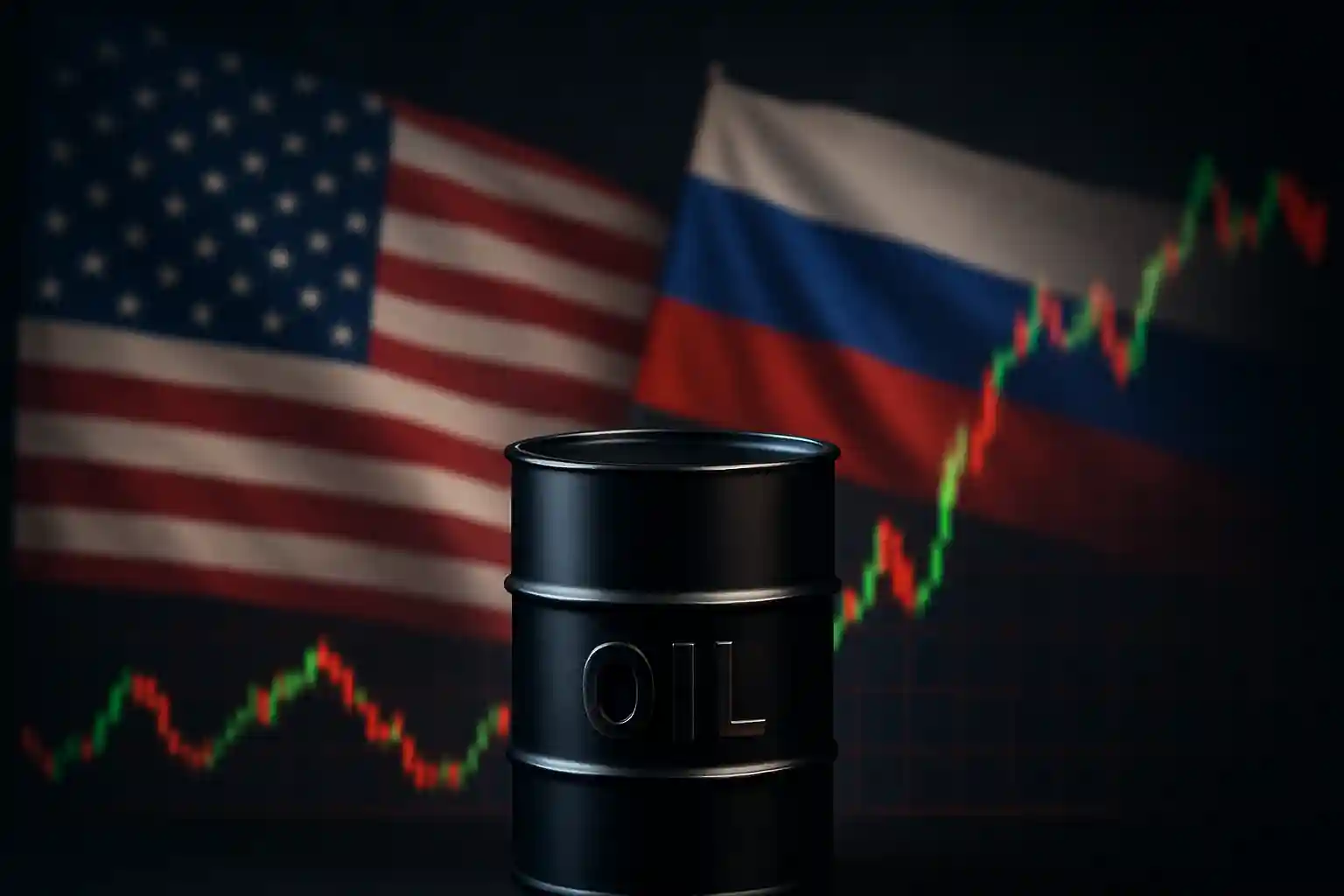 Baril de pétrole noir devant les drapeaux des États-Unis et de la Russie avec un graphique boursier volatil