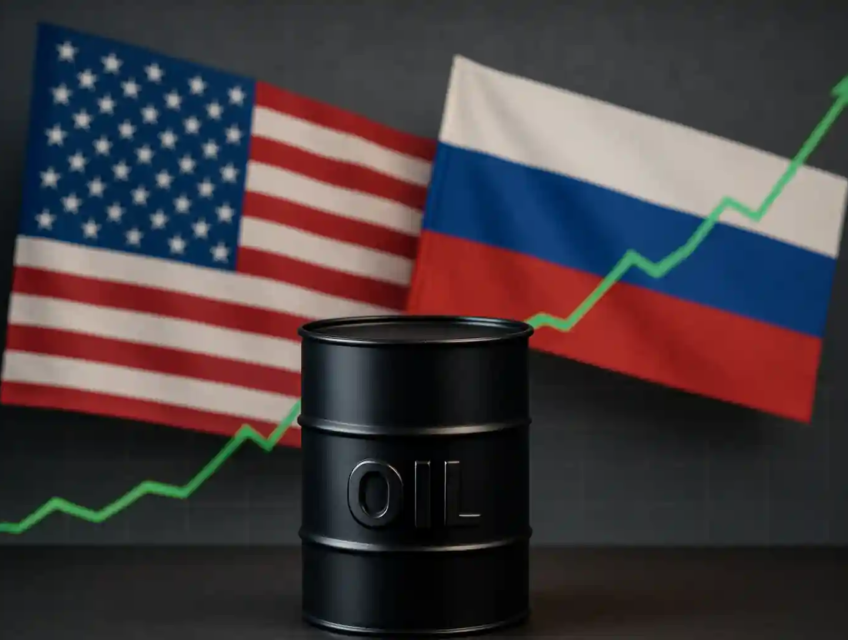Baril de pétrole noir devant les drapeaux américain et russe avec un graphique vert en hausse