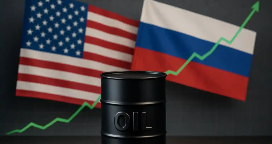Baril de pétrole noir devant les drapeaux américain et russe avec un graphique vert en hausse