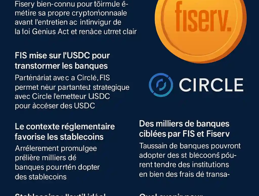 Infographie française sur les initiatives des banques FIS et Fiserv autour des stablecoins en 2025.