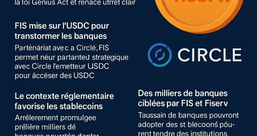 Infographie française sur les initiatives des banques FIS et Fiserv autour des stablecoins en 2025.