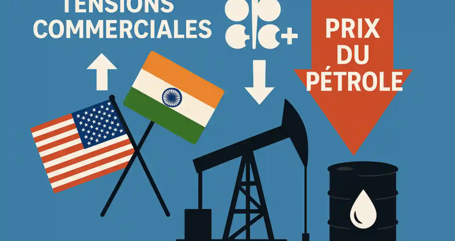 Illustration des tensions commerciales entre les États-Unis et l’Inde affectant les prix du pétrole, avec des flèches indiquant la hausse des tensions et la baisse des prix.