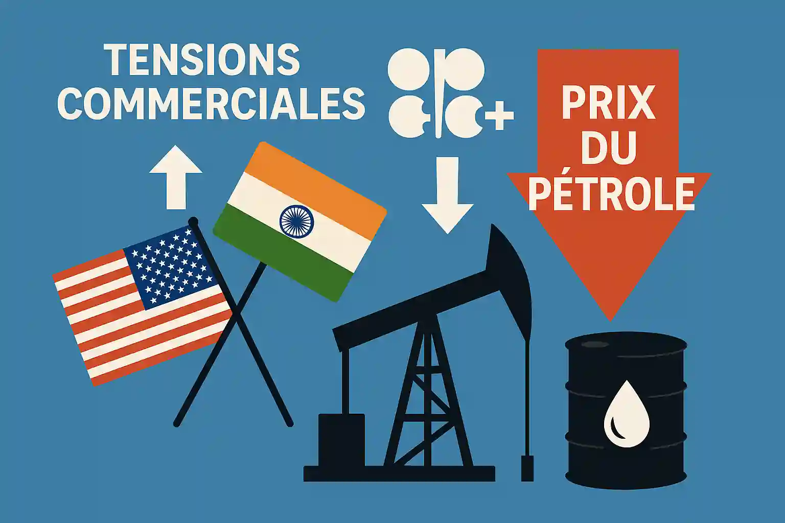 Illustration des tensions commerciales entre les États-Unis et l’Inde affectant les prix du pétrole, avec des flèches indiquant la hausse des tensions et la baisse des prix.