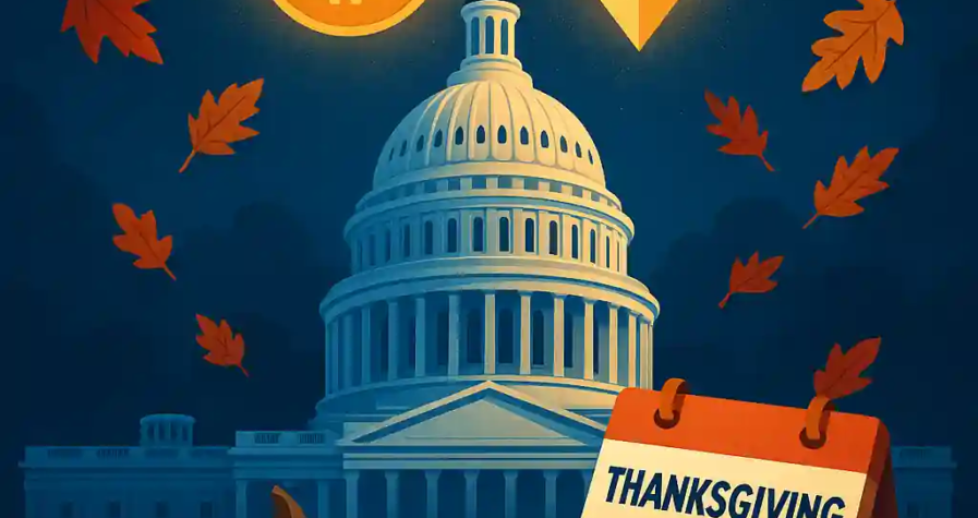 Illustration of U.S. Capitol with Bitcoin, Ethereum, and a Thanksgiving calendar, symbolizing upcoming crypto regulation.