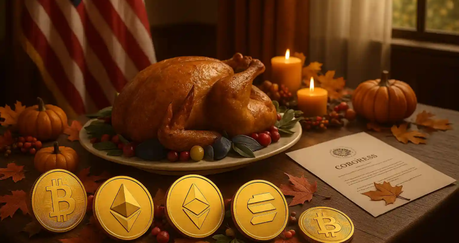 Table de Thanksgiving avec dinde traditionnelle, pièces Bitcoin, Ethereum et Solana, document du Congrès et drapeau américain.