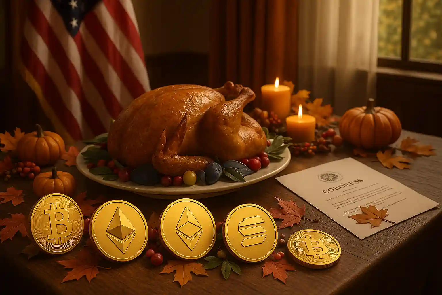 Table de Thanksgiving avec dinde traditionnelle, pièces Bitcoin, Ethereum et Solana, document du Congrès et drapeau américain.
