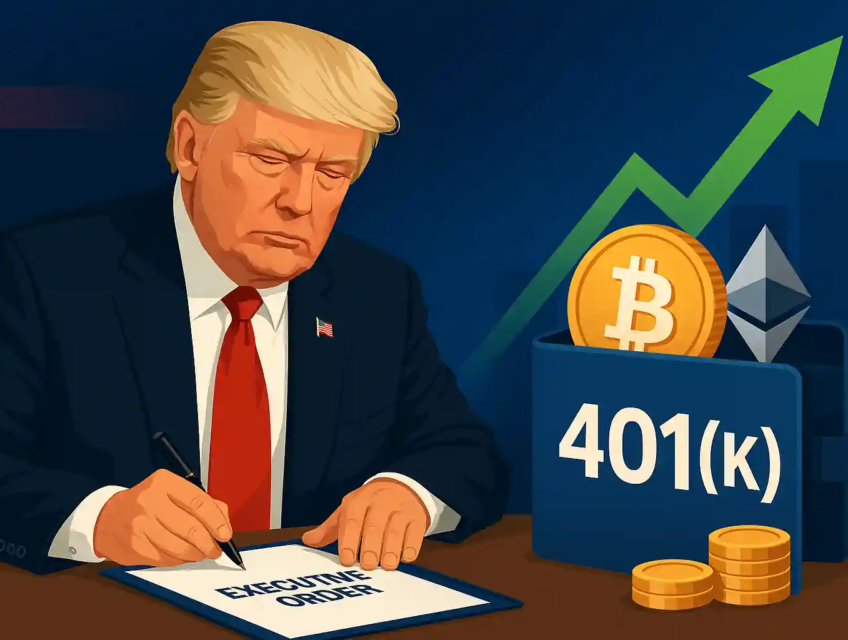Donald Trump signs executive order linking 401(k) retirement accounts to cryptocurrency investments like Bitcoin and Ethereum.