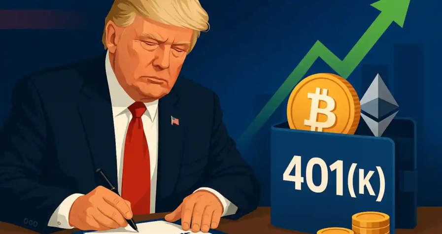 Donald Trump signs executive order linking 401(k) retirement accounts to cryptocurrency investments like Bitcoin and Ethereum.