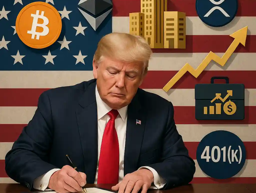 Donald Trump signe un décret intégrant les cryptomonnaies, l’immobilier et le capital-investissement dans les comptes 401(k), devant un drapeau américain.