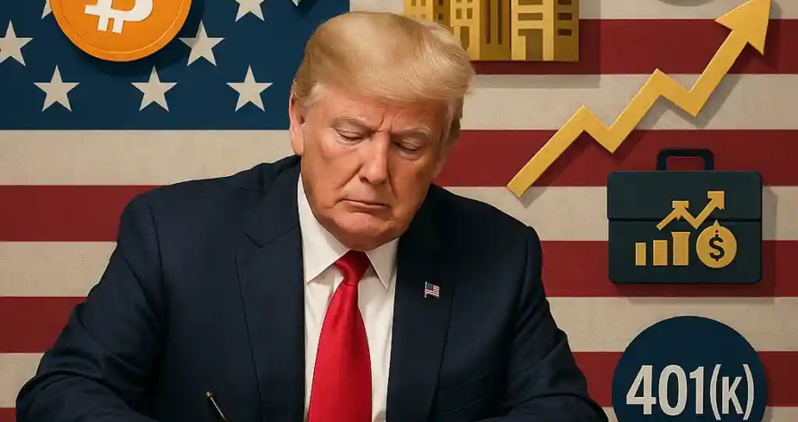 Donald Trump signe un décret intégrant les cryptomonnaies, l’immobilier et le capital-investissement dans les comptes 401(k), devant un drapeau américain.