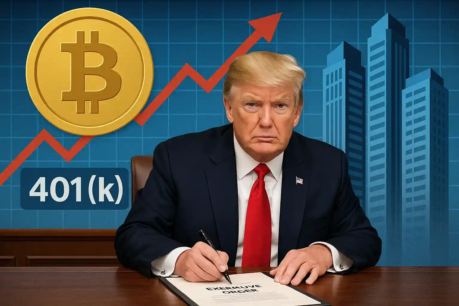 Donald Trump signs executive order enabling 401(k) investments in cryptocurrency, private equity, and real estate.