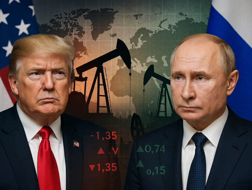 Donald Trump and Vladimir Putin against oil pumps and market charts symbolizing global crude oil volatility.