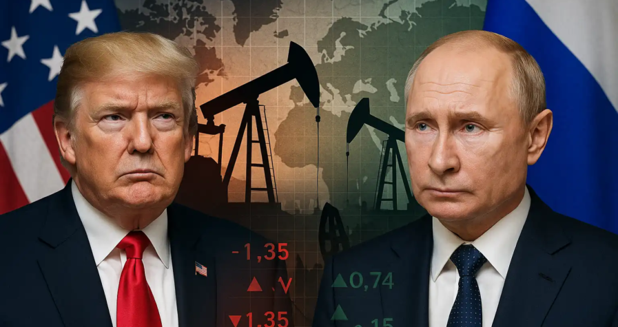 Donald Trump and Vladimir Putin against oil pumps and market charts symbolizing global crude oil volatility.