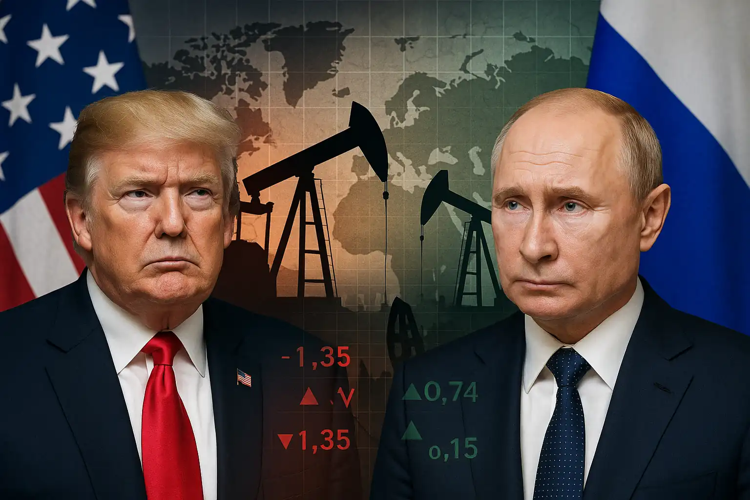 Donald Trump and Vladimir Putin against oil pumps and market charts symbolizing global crude oil volatility.