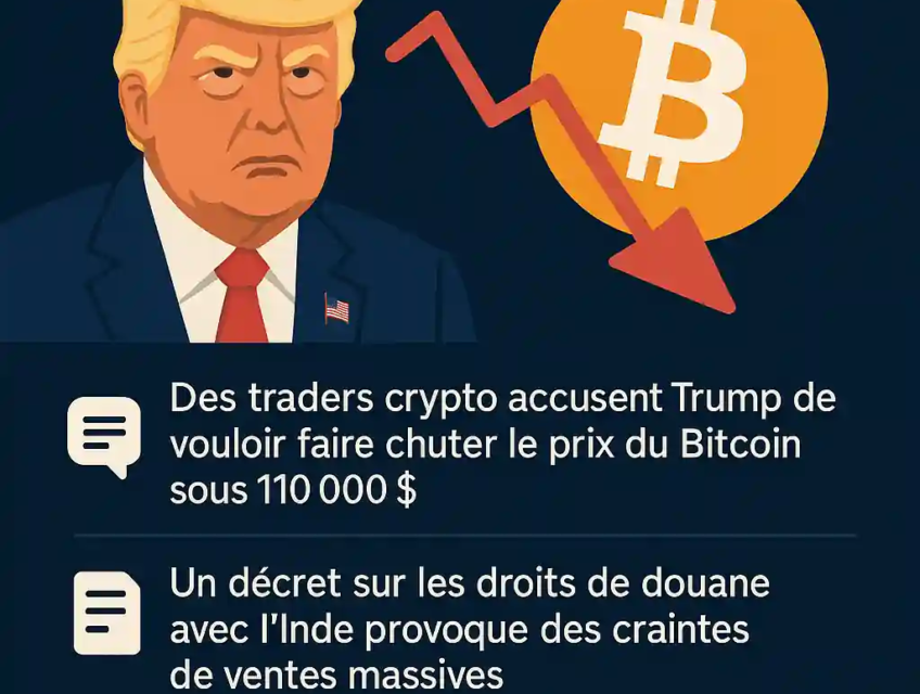 Illustration numérique montrant Donald Trump avec un graphique du Bitcoin en chute, entouré d’icônes géopolitiques et économiques, représentant l'impact des décisions commerciales sur les cryptomonnaies.