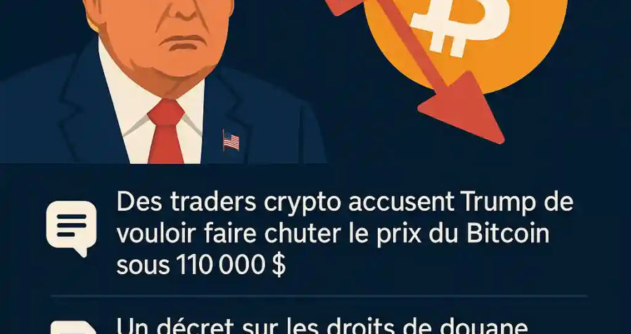 Illustration numérique montrant Donald Trump avec un graphique du Bitcoin en chute, entouré d’icônes géopolitiques et économiques, représentant l'impact des décisions commerciales sur les cryptomonnaies.