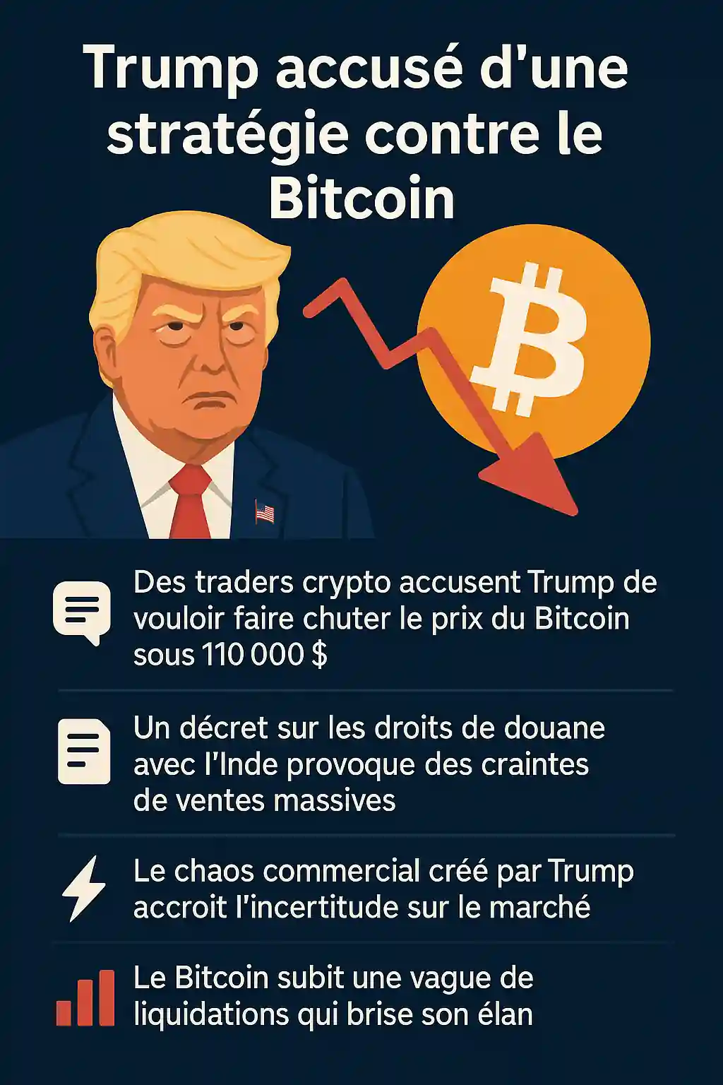 Illustration numérique montrant Donald Trump avec un graphique du Bitcoin en chute, entouré d’icônes géopolitiques et économiques, représentant l'impact des décisions commerciales sur les cryptomonnaies.