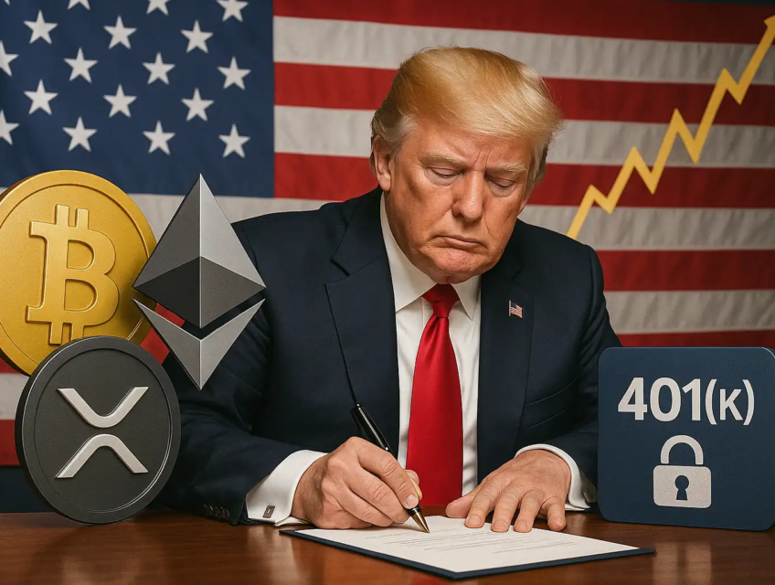 Donald Trump signe un décret autorisant les cryptomonnaies dans les plans de retraite 401(k), avec les symboles du Bitcoin, Ethereum et XRP en arrière-plan.