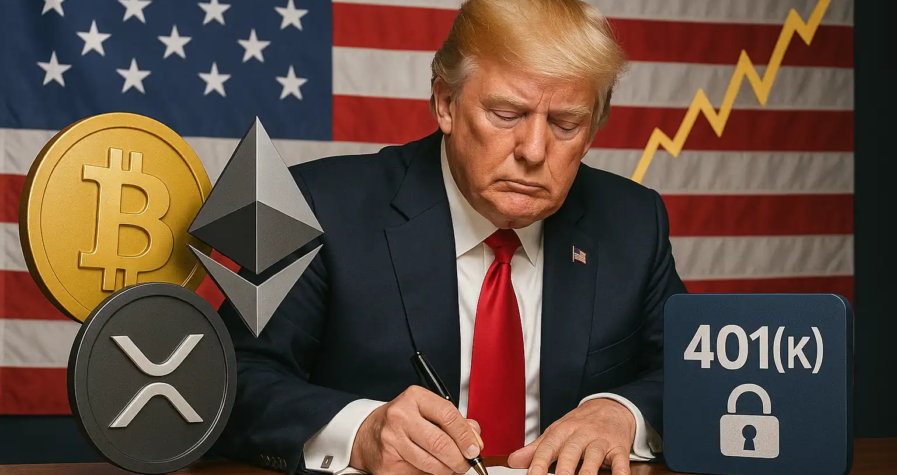 Donald Trump signe un décret autorisant les cryptomonnaies dans les plans de retraite 401(k), avec les symboles du Bitcoin, Ethereum et XRP en arrière-plan.