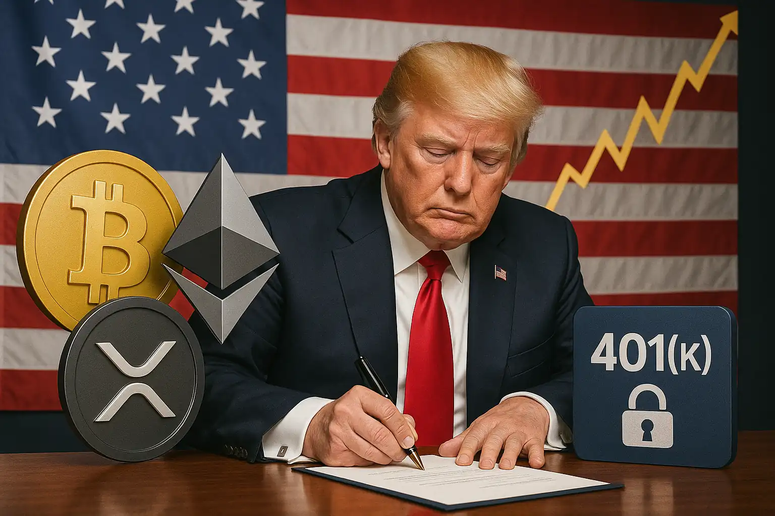 Donald Trump signe un décret autorisant les cryptomonnaies dans les plans de retraite 401(k), avec les symboles du Bitcoin, Ethereum et XRP en arrière-plan.