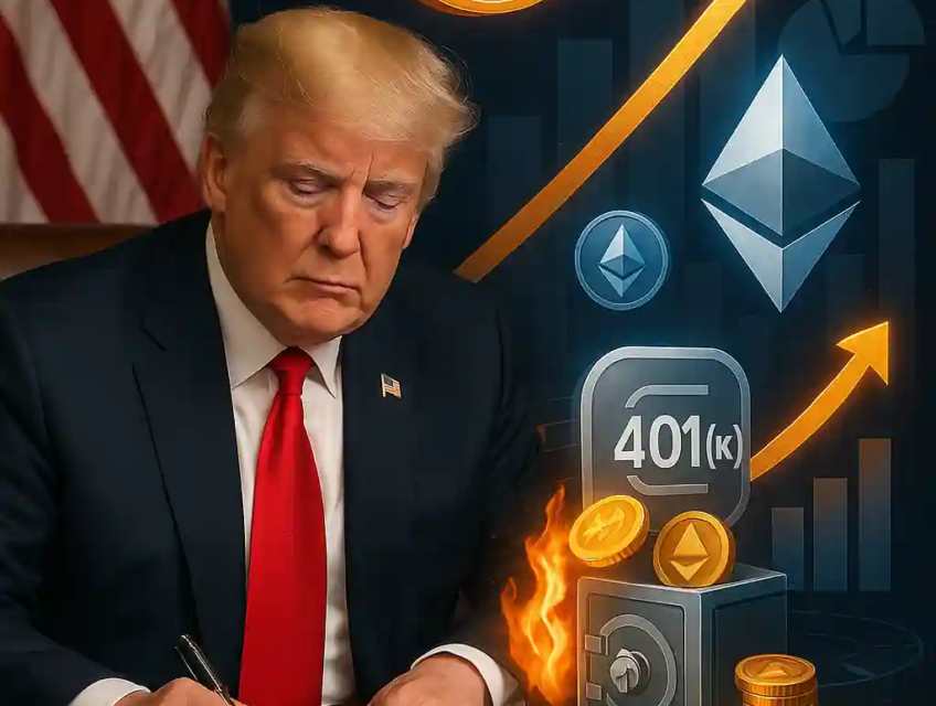 Donald Trump signe un décret avec le logo Bitcoin, Ethereum et un symbole 401(k), représentant l’intégration des cryptomonnaies et DTF dans les plans de retraite américains.