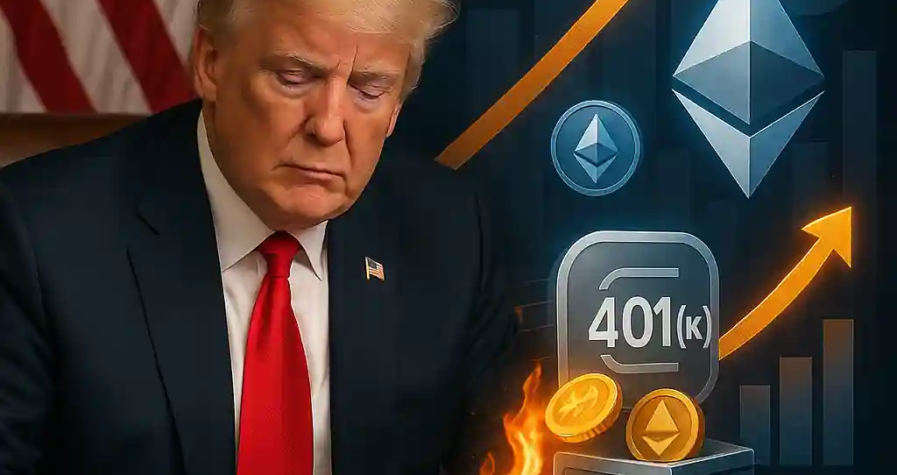 Donald Trump signe un décret avec le logo Bitcoin, Ethereum et un symbole 401(k), représentant l’intégration des cryptomonnaies et DTF dans les plans de retraite américains.