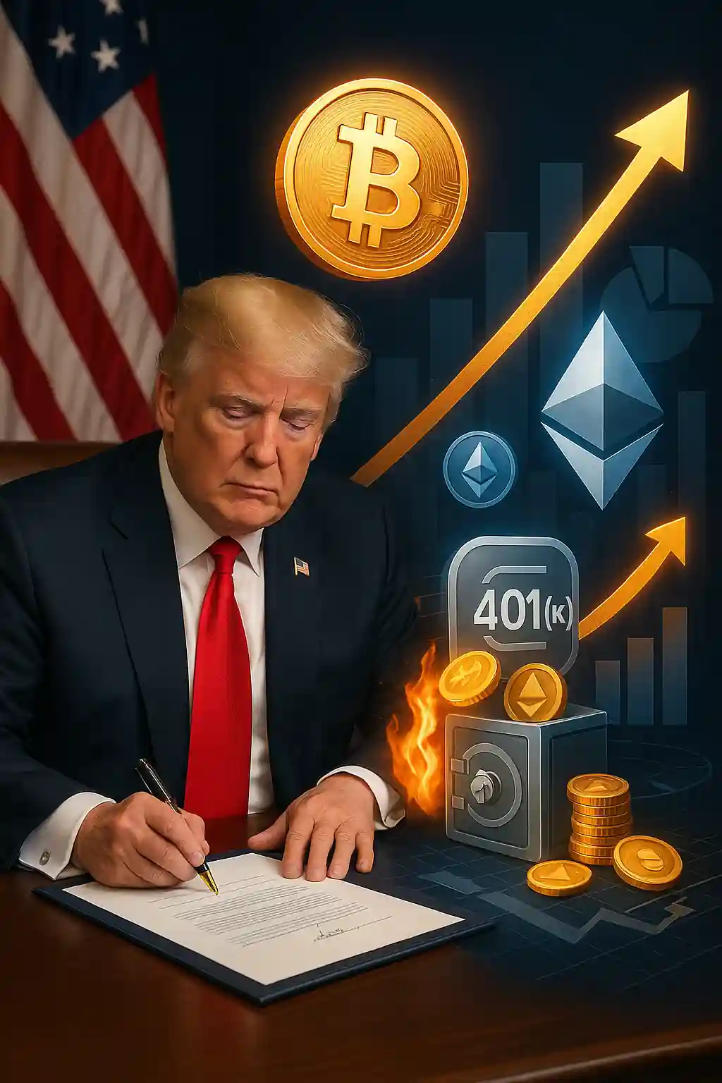 Donald Trump signe un décret avec le logo Bitcoin, Ethereum et un symbole 401(k), représentant l’intégration des cryptomonnaies et DTF dans les plans de retraite américains.