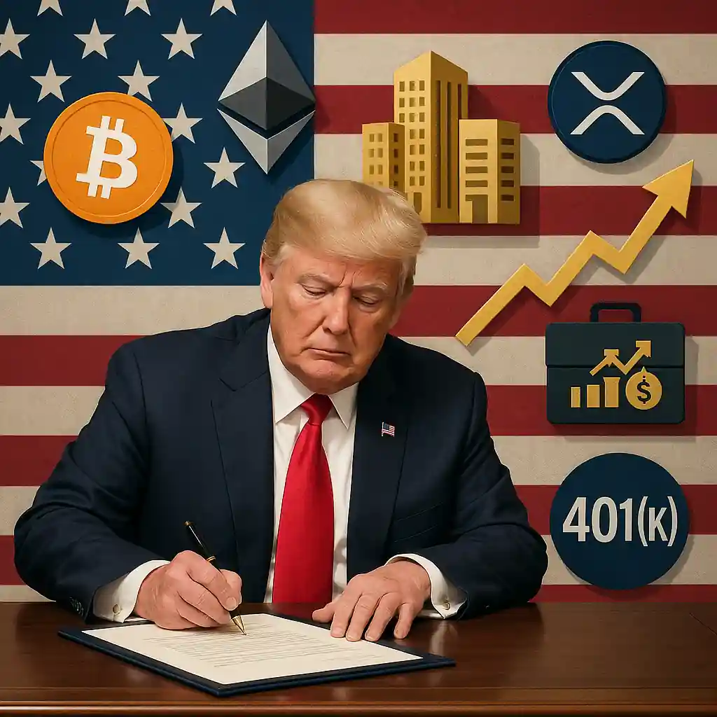 Donald Trump signe un décret intégrant les cryptomonnaies, l’immobilier et le capital-investissement dans les comptes 401(k), devant un drapeau américain.