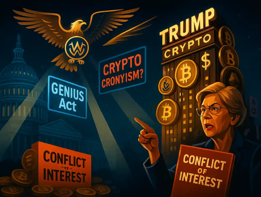 Illustration of Elizabeth Warren confronting Trump’s crypto tower, surrounded by Bitcoin icons, political banners, and regulatory spotlights.