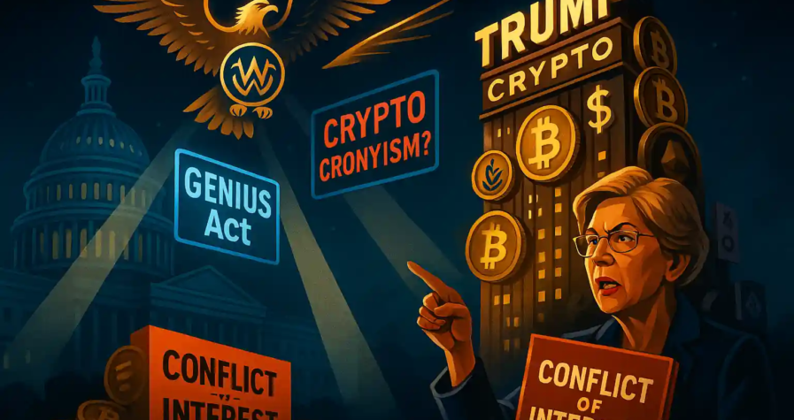 Illustration of Elizabeth Warren confronting Trump’s crypto tower, surrounded by Bitcoin icons, political banners, and regulatory spotlights.