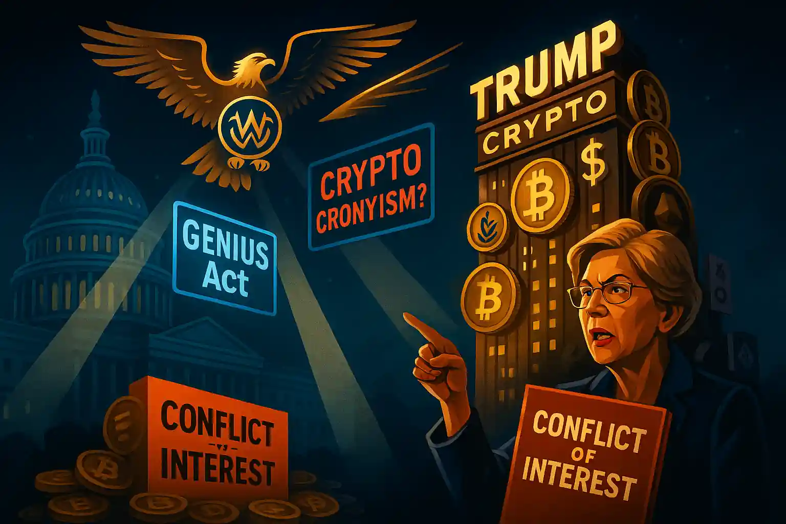 Illustration of Elizabeth Warren confronting Trump’s crypto tower, surrounded by Bitcoin icons, political banners, and regulatory spotlights.