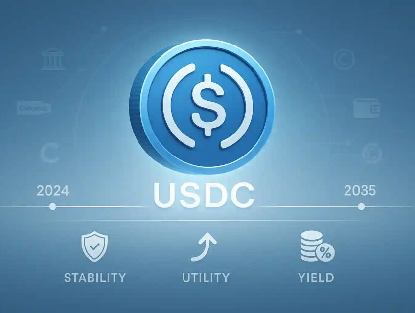 3D glowing USDC coin floating above a $1 line with icons for stability, utility, and yield, set on a timeline from 2024 to 2035.