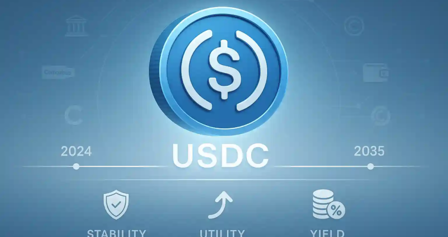 3D glowing USDC coin floating above a $1 line with icons for stability, utility, and yield, set on a timeline from 2024 to 2035.