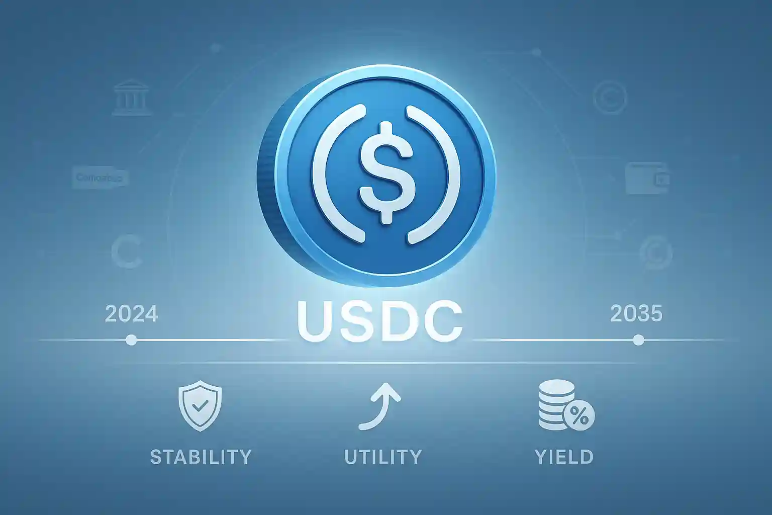 3D glowing USDC coin floating above a $1 line with icons for stability, utility, and yield, set on a timeline from 2024 to 2035.